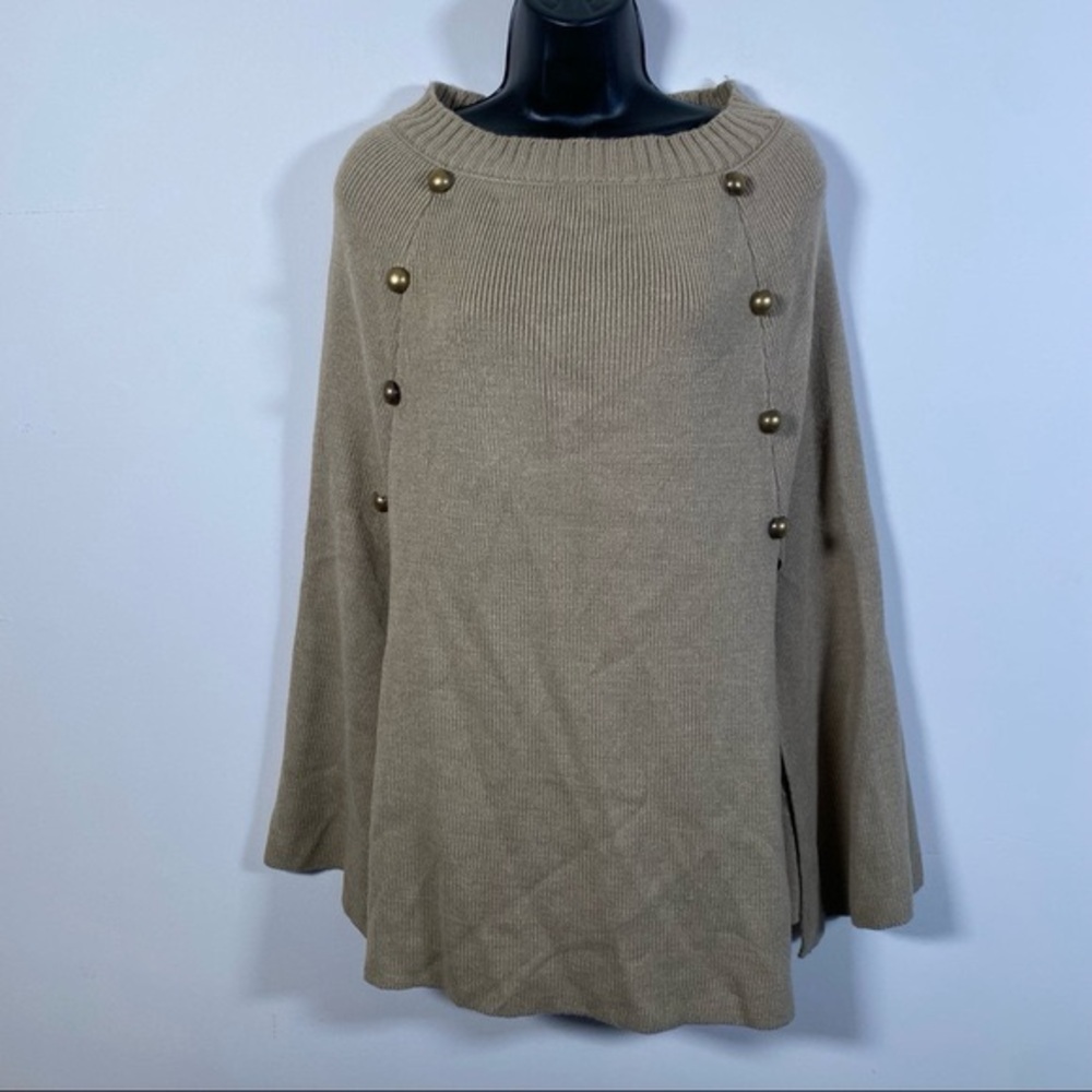 Modena Acrylic Slits Front Button Accent Camel Shrug Poncho Sweater - One Size
